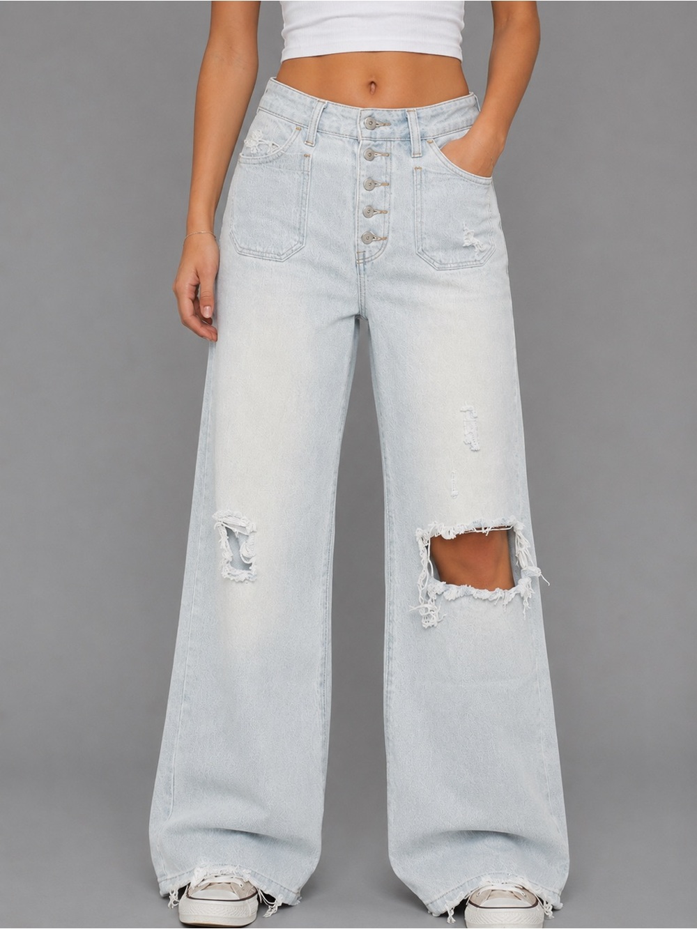 ban•jara Women’s 5/26 Light Wash Wide Leg Distressed Jeans Y2K